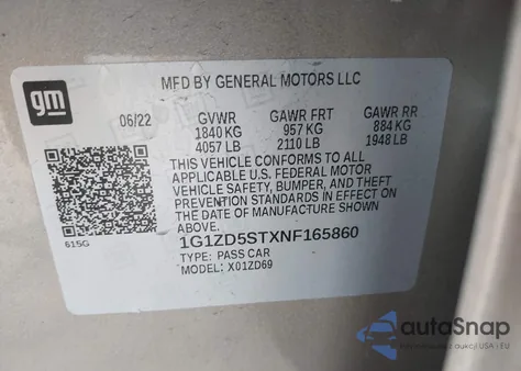 2022 Chevrolet Malibu Fwd Lt из США, поврежденный, VIN 1G1ZD5STXNF165860